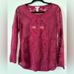 VTG Y2K Cache Wine Sheer Top Sz S Long Sleeve Mesh Blouse